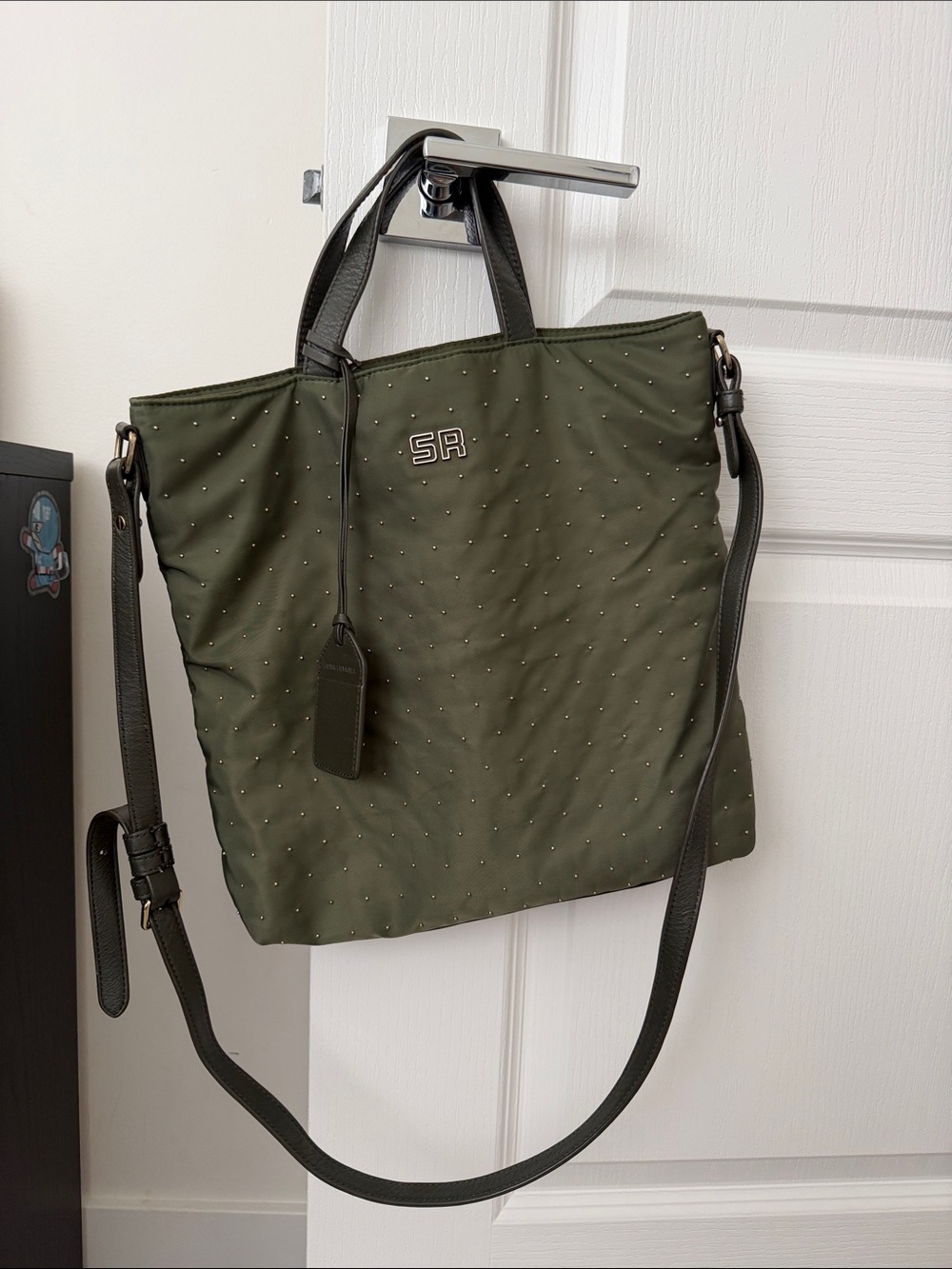 Sonia Rykiel Olive Green Quilted Messenger Tote with Stud Accent